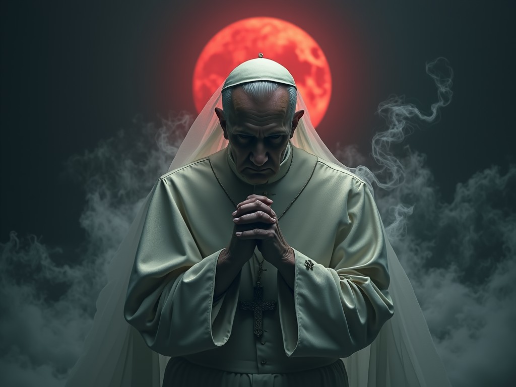 The image depicts a religious figure in prayer, with hands clasped, set against a dramatic and dark background featuring a prominent red moon. The figure is dressed in traditional white religious garments, with a striking cross hanging at the chest level. Mysterious smoke swirls around, adding an ethereal quality to the scene, enhancing the sense of mystery and contemplation.