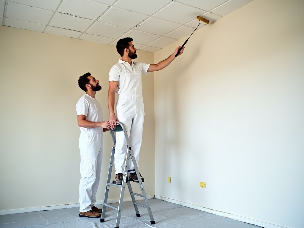 The image shows two painters working inside a room. One painter is using a roller with an extended handle to apply paint on a wall. The other painter is standing on a step ladder, painting the upper part of a different wall. The floor is protected with drop cloths to prevent paint spills. Both painters are wearing white overalls, typical attire for the profession. The ceiling is made up of square tiles, indicating a modern interior.