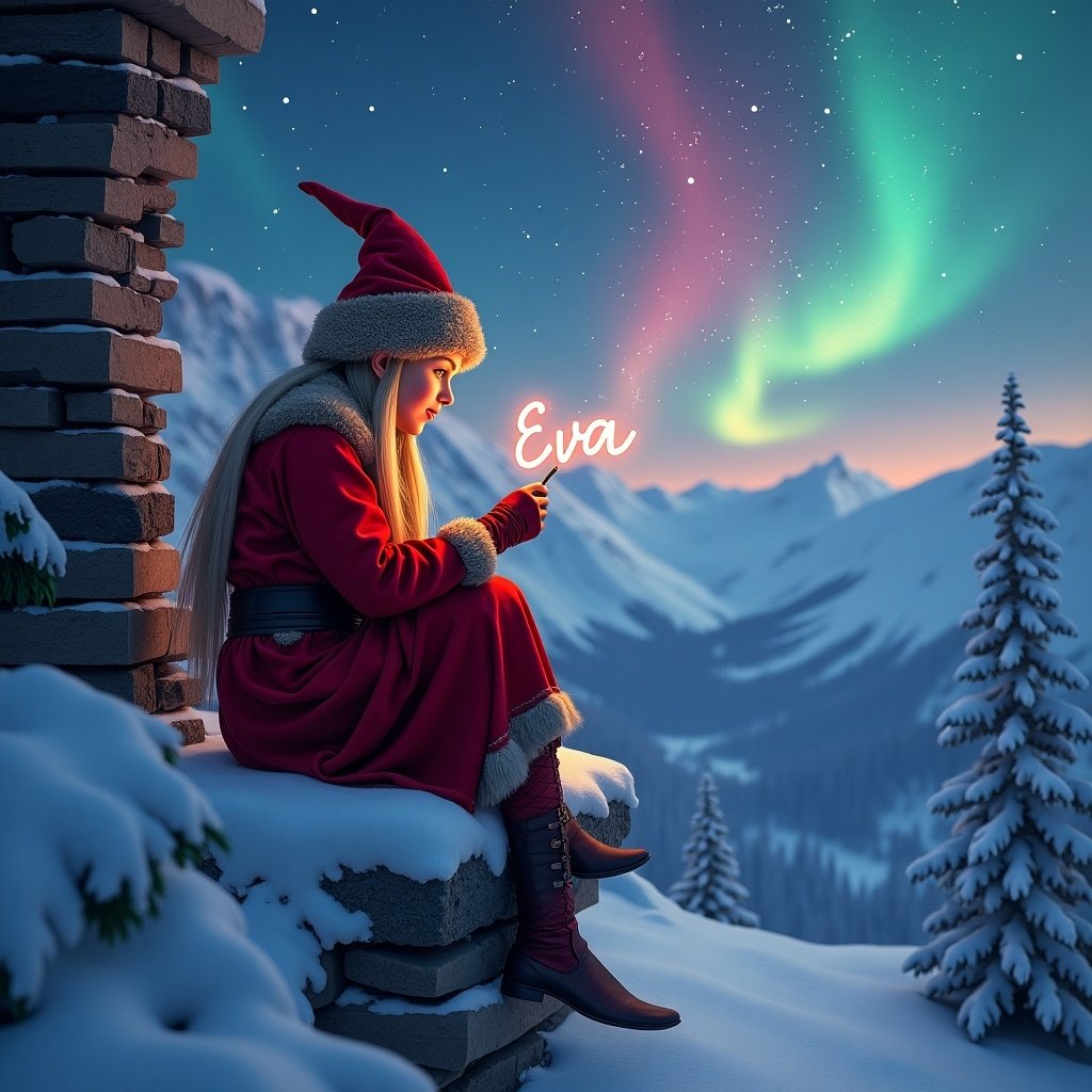 Traditional elf on the shelf in snowy mountains. Writing name Eva with magic wand. Northern lights of red, cerulean and purple on the horizon.