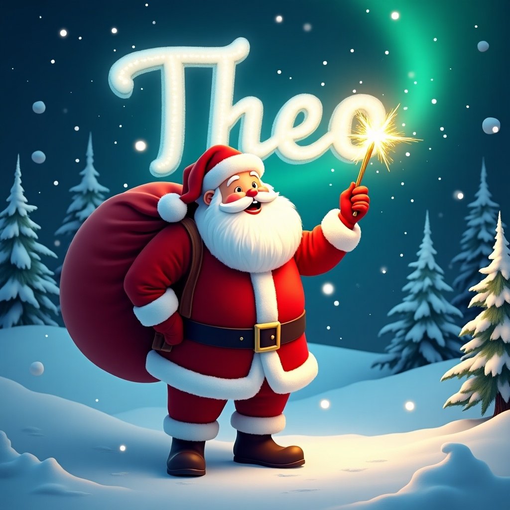 The image features a cheerful Santa Claus standing in a snowy landscape. He is holding a large red sack over his shoulder, dressed in his traditional red and white outfit. In his hand, he holds a sparkly wand, pointing upward to write in the night sky. Behind him, the name 'Theo' is illuminated in glowing letters. Snowflakes gently fall around Santa, creating a festive feel enhanced by snowy pine trees and enchanting northern lights.