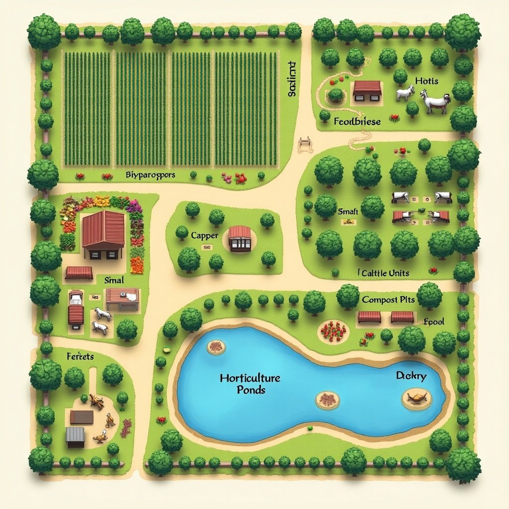 Scale representation of a 2.5-acre land. Sections include Crop Zone, Fisheries with Duckery, Horticulture Zone, Dairy Unit, and Compost Storage. Pathways connect the sections. Each area labeled clearly with symbols for crops, fish, ducks, trees, and structures.