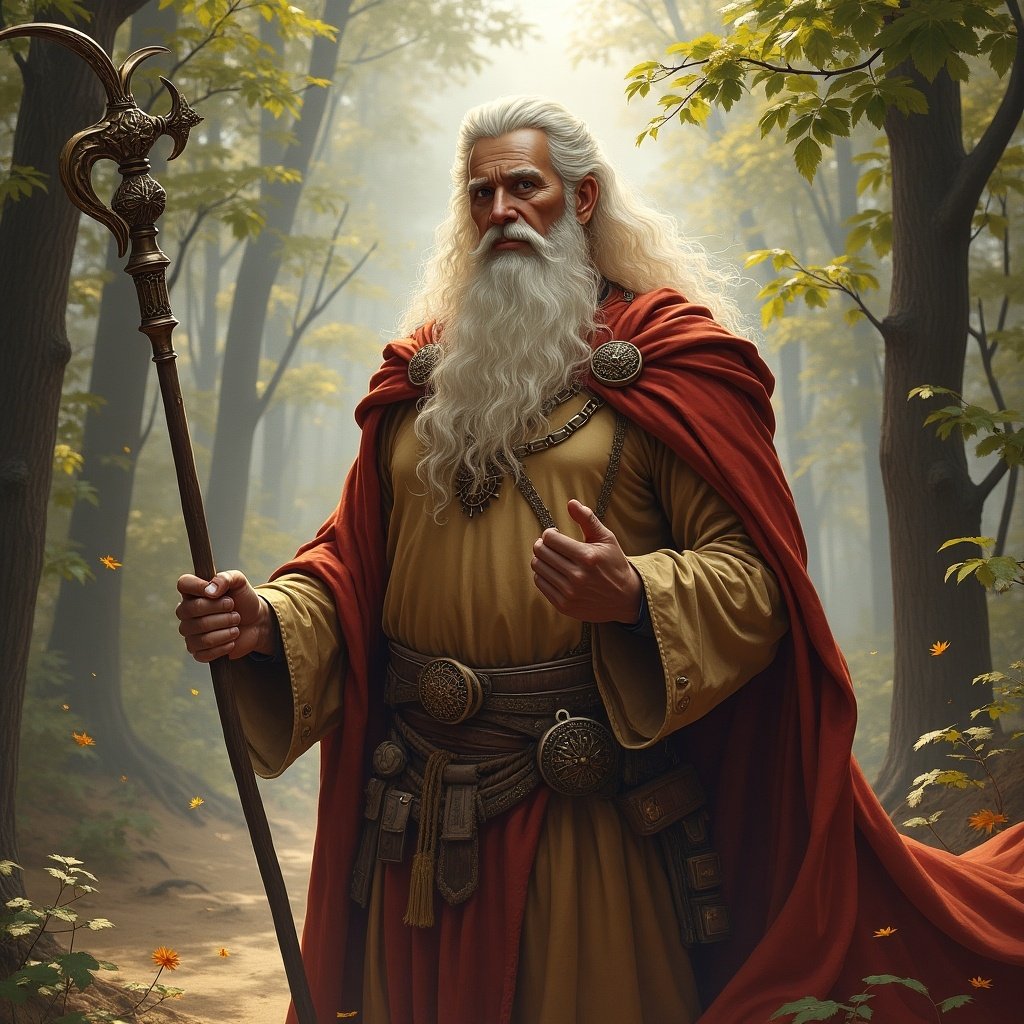 Elderly figure standing in a forest wearing robes. Long white hair and beard. Holding a staff. Surrounded by trees and soft light.