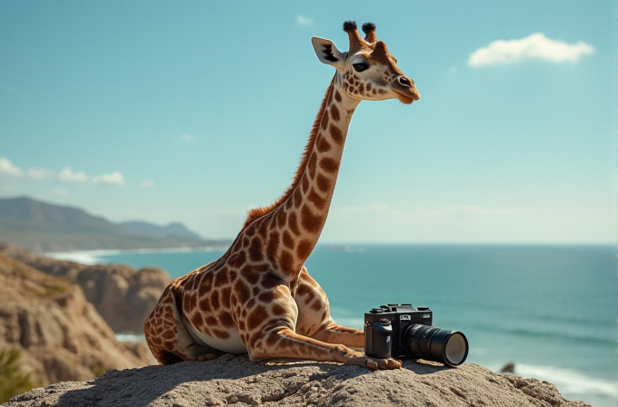 A young giraffe sits on a rocky cliff by the ocean with a camera next to it.