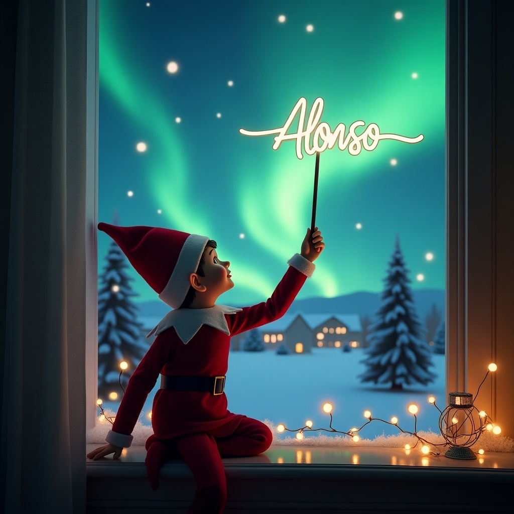 An elf on the shelf is depicted sitting on a window sill with its back to the viewer. It is looking up at the sky, using a wand to write the name 'Alonso' in the air. The background showcases a magical winter scene with stunning northern lights and a cozy village below, embodying the spirit of Christmas. Twinkling lights adorn the window, adding to the festive atmosphere. The overall image radiates warmth and holiday cheer, appealing to children's imaginations.