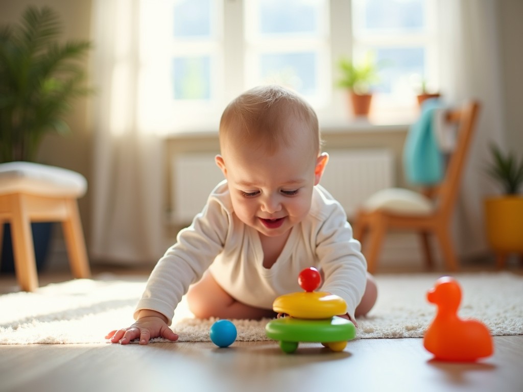 A baby, wearing a white onesie, is happily engaged in play on a soft carpeted floor with colorful toys around. The scene is warmly lit by natural sunlight streaming through a window, creating a peaceful and cheerful atmosphere. Surrounding the baby are small, vibrant toys, including a little rubber duck, exemplifying a joyful moment of childhood discovery.