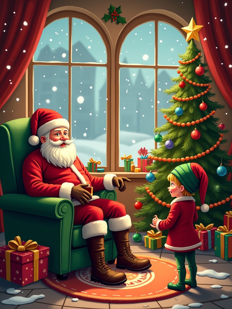 Cozy Christmas setting with Santa Claus and a child. Scene includes a green chair and a beautifully decorated Christmas tree. Snow falls outside. Colorful gifts are placed around the room. Cheerful and festive ambiance.