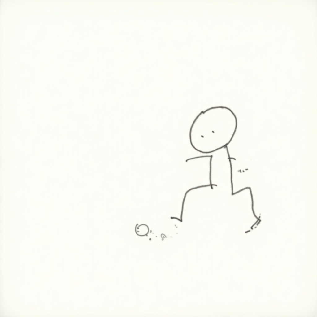 Image features a stick figure with a round head. The figure is depicted running. A small circle is near the feet. The image has a minimalistic style.