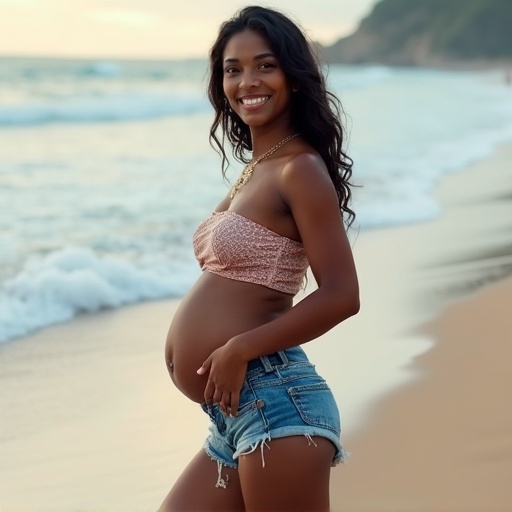 Pregnant woman poses at beach wearing bandeau top and denim shorts. She is smiling and hands on hips. The scene features a sandy beach and ocean waves in the background.