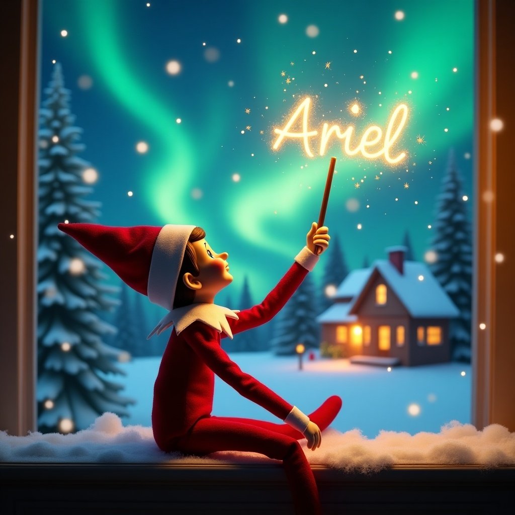 An elf sits with back to viewer. The elf gazes skyward. A glowing wand emits sparkling light. A Christmas scene with colorful northern lights. A cozy house is in the distance. Snow covers the ground. The elf embodies magic and wonder. The name 'Ariel’ is written in the air with the wand.