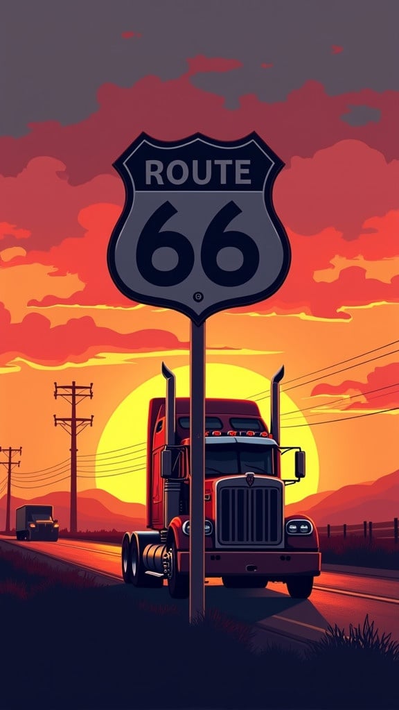 An iconic Route 66 sign stands tall as a big rig truck drives toward a vibrant sunset. The truck is silhouetted against striking colors. The sunset features gradients of orange pink and red. The Route 66 sign anchors the scene in the foreground.