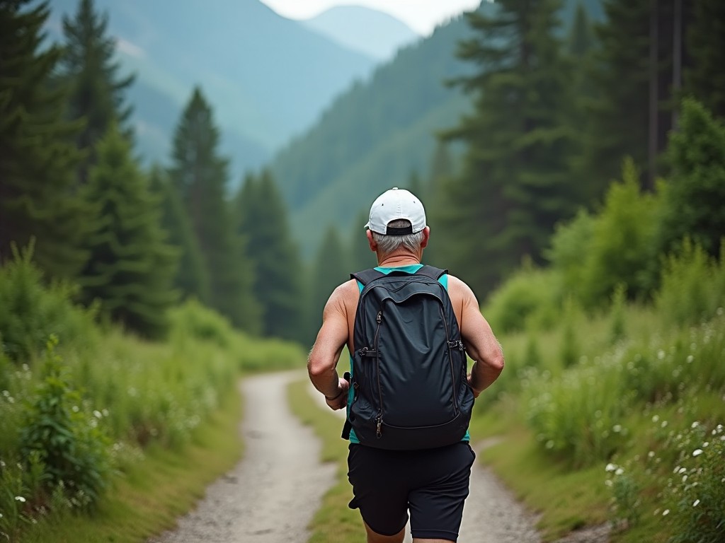 A person walking on a nature trail surrounded by trees and mountains.