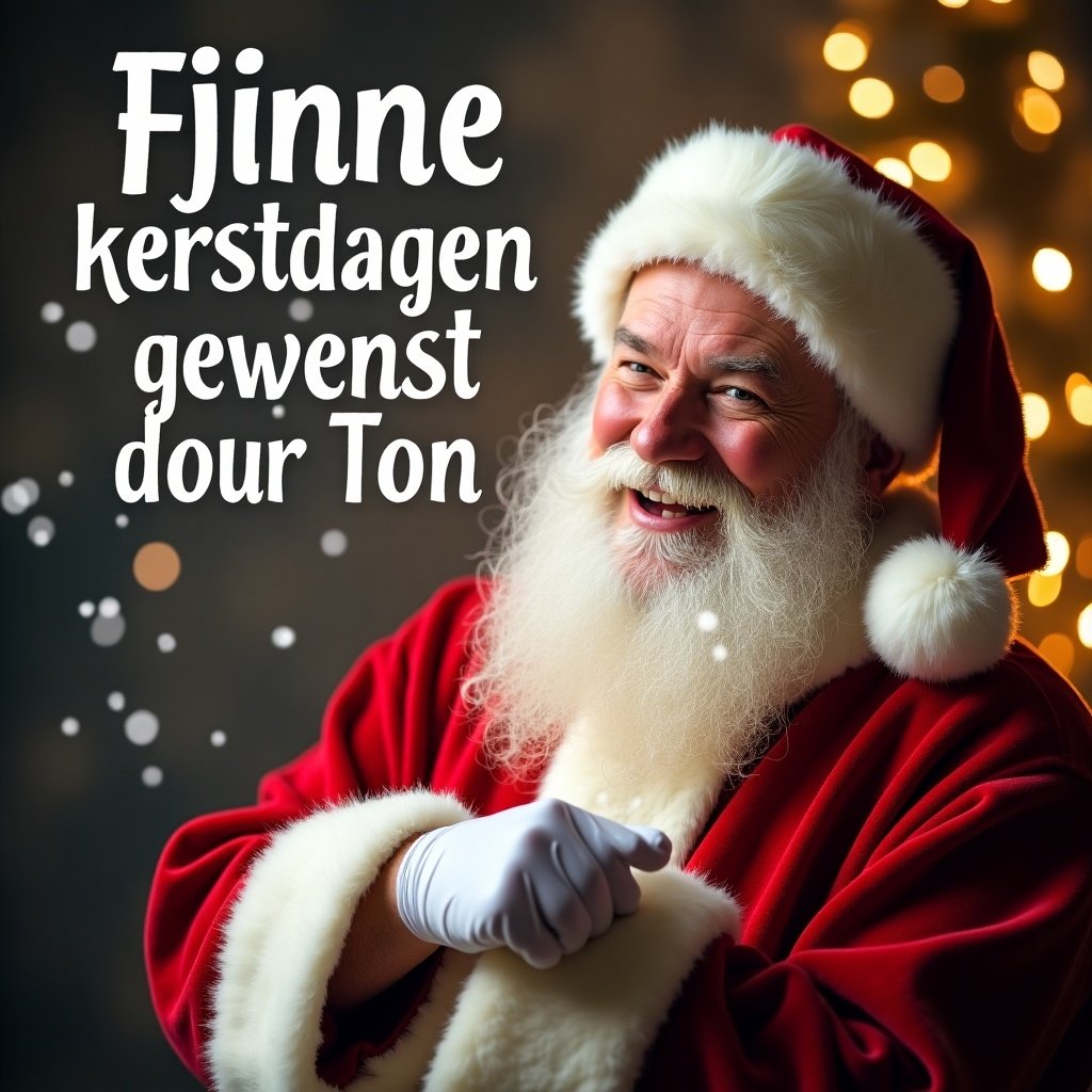 Santa Claus with text wishing Merry Christmas from Ton. Focus on a festive atmosphere with holiday decorations.