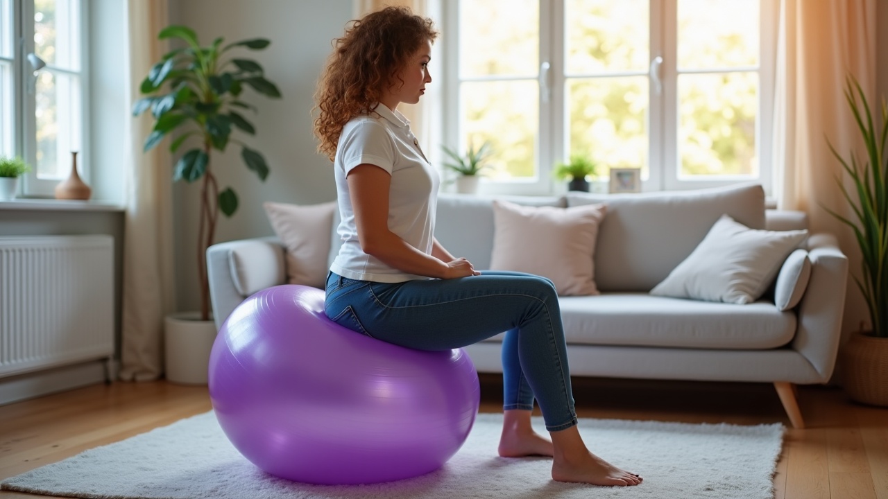 A curvy cute young woman is sitting on a transparent purple exercise ball. She is dressed in tight jeans and a poloshirt, presenting a casual yet stylish look. The background features a cozy Danish living room with soft natural light streaming through large windows. Plants and a comfortable couch are visible, adding warmth to the scene. This image captures a moment of home fitness, blending style with functionality.