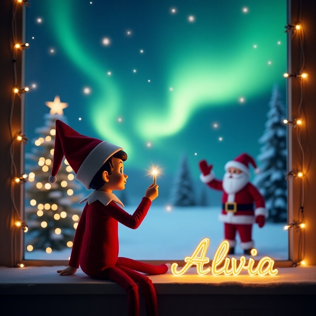 This image depicts a magical Christmas evening with an elf on the shelf. The elf, with his back turned to the viewer, gazes up at the enchanting night sky. He joyfully uses a wand to craft the name 'Alivia' in illuminated letters. In the background, Santa Claus waves cheerfully, surrounded by a winter landscape filled with twinkling lights and Christmas trees. The sky above is a mesmerizing display of the northern lights, adding to the whimsical holiday spirit.