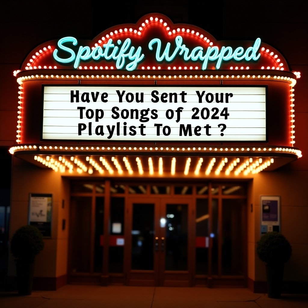 Image of a brightly lit movie marquee. It displays the message about 2024 playlist submissions. The establishment name is Spotify Wrapped. The atmosphere is warm and welcoming, suitable for social gatherings.