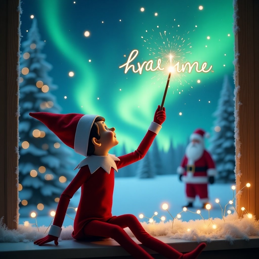 Elf on the shelf writing names in the air with a wand. Magical Christmas background with northern lights and Santa. Enchanting scenery and holiday atmosphere.