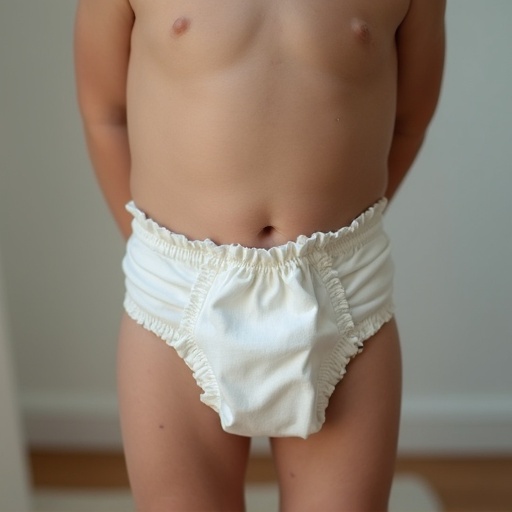 A young boy stands still in a light, soft diaper. The focus is on the diaper's texture and fit. The background is simple, highlighting the subject's innocence and simplicity.