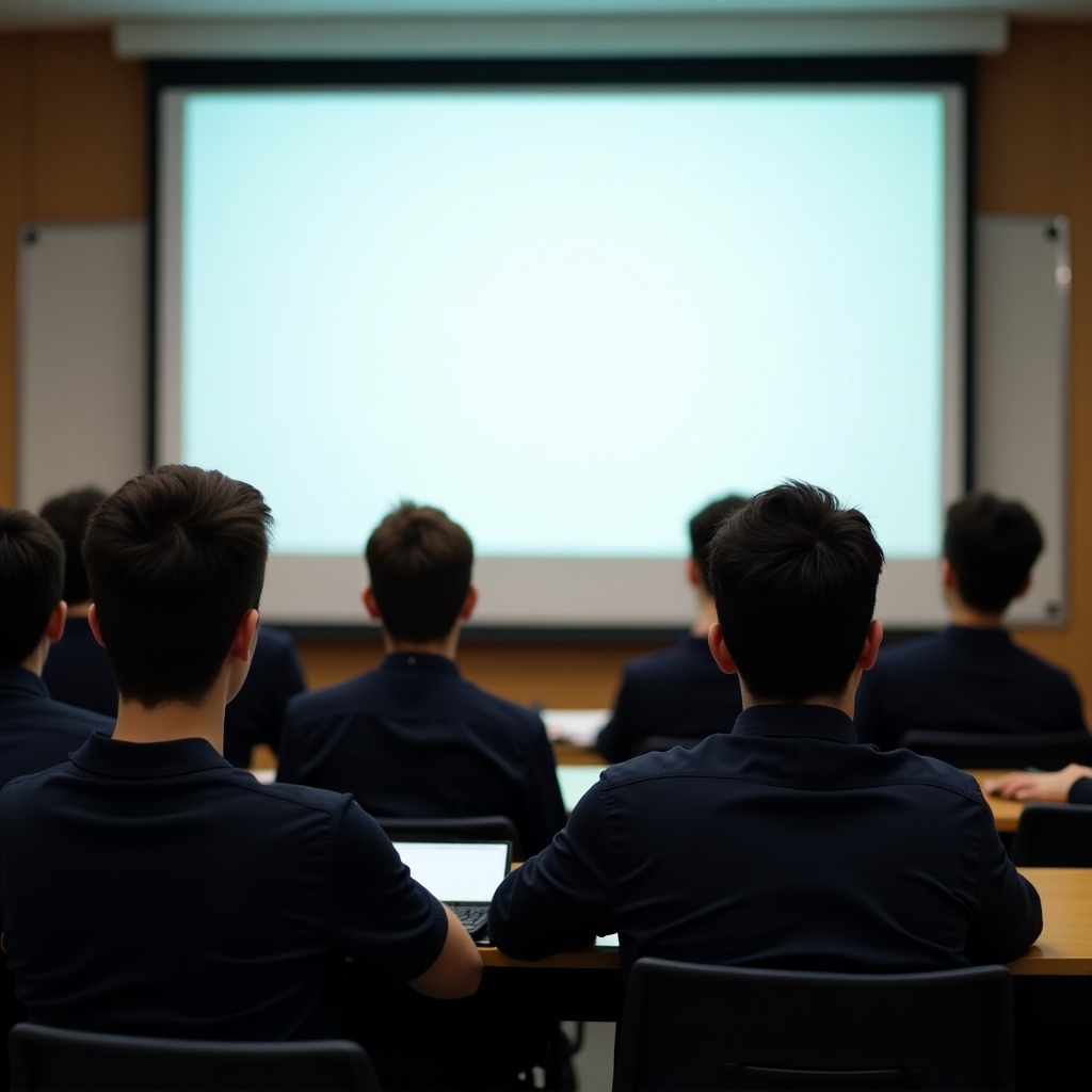 Students seated in a classroom facing a blank projector screen with a focus on the back of their heads.