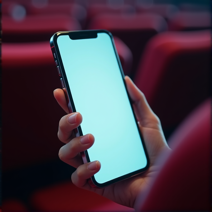 A hand holding a smartphone with a bright, blank screen in a dimly lit theater, surrounded by red cinema seats.