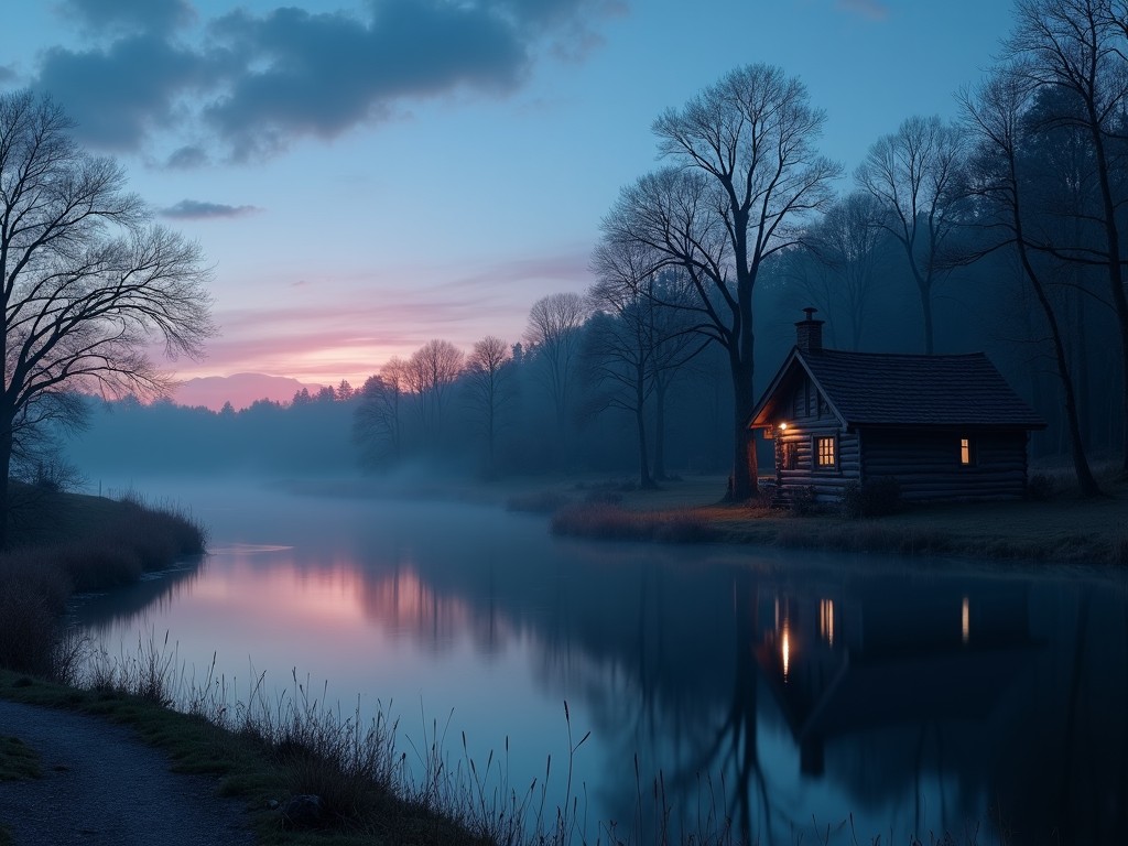 A serene twilight scene featuring a small wooden cabin with warm lights glowing, reflecting on a calm lake surrounded by misty trees and a pastel-colored sky.