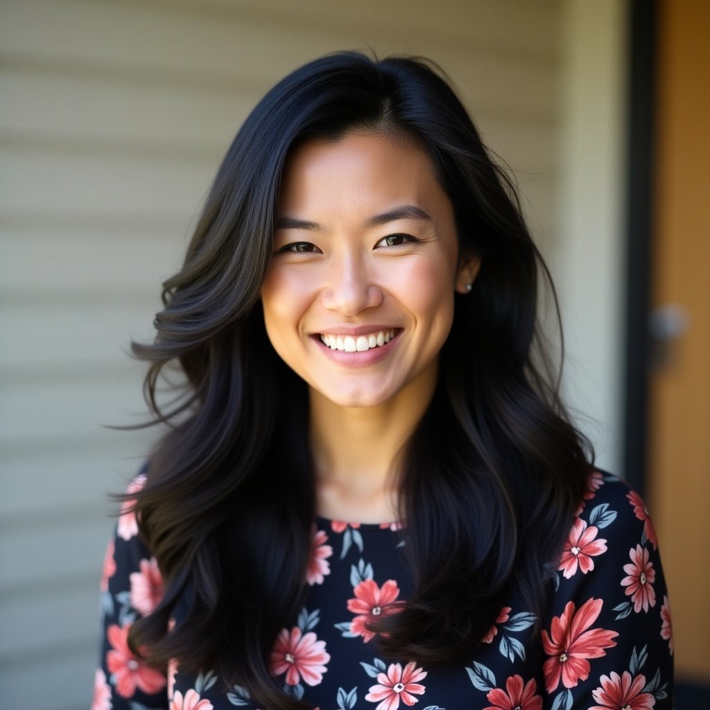 A woman with long black hair smiles warmly at the camera. She wears a floral top with a vibrant design.