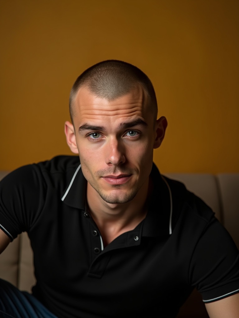 A male figure poses in a black polo shirt. The background glows in warm golden color. Dramatic lighting enhances facial contours. Skin tone appears fair. Blue eyes stand out vividly. The atmosphere feels soft and inviting. The model has a clean-shaven head and playful expression. Muscular physique is clearly portrayed on a couch.