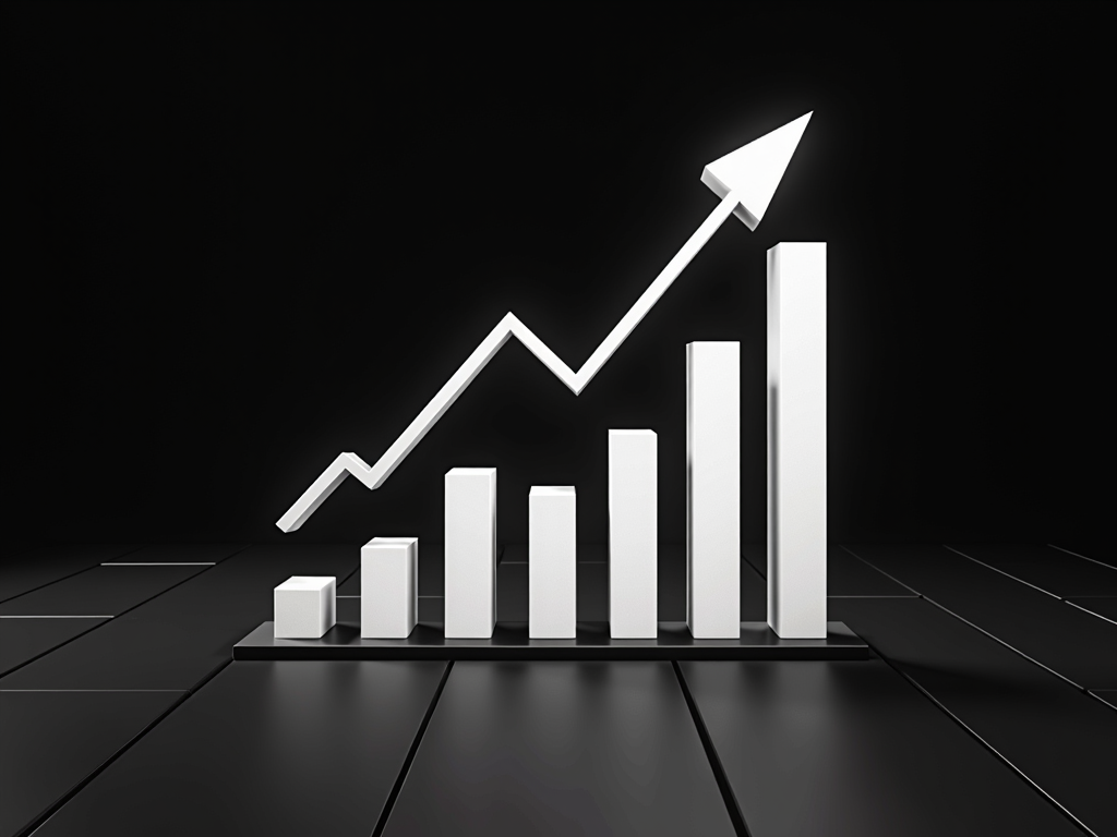 A 3D bar graph with an upward arrow on a dark background symbolizes growth.