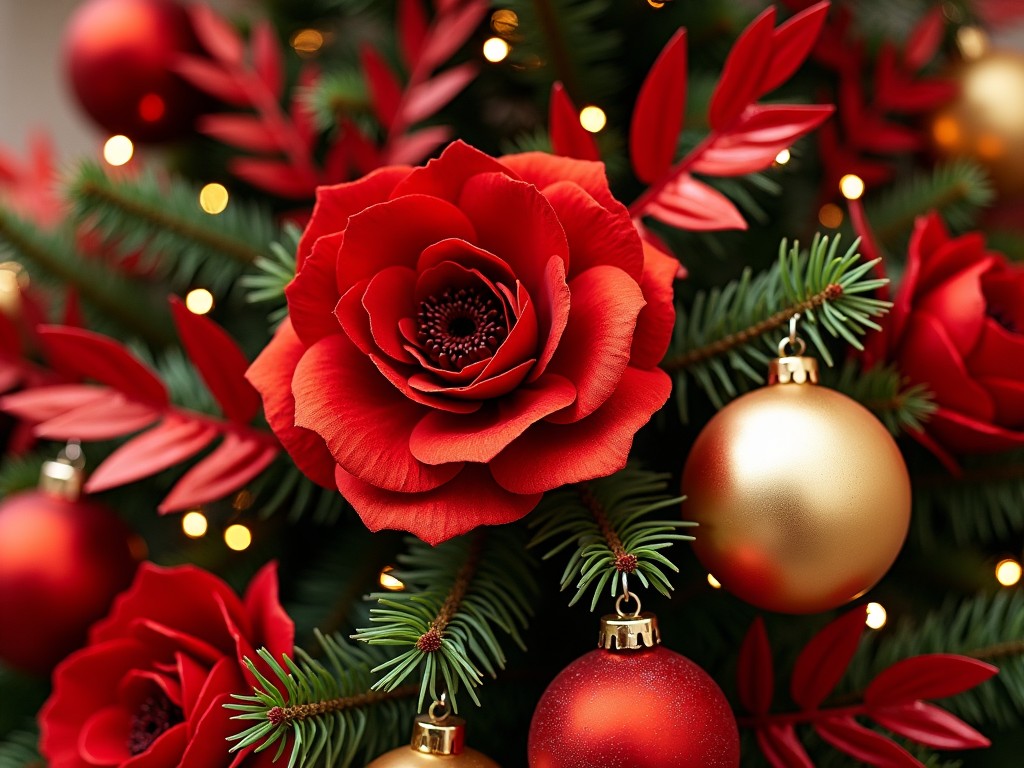 This image showcases a beautifully decorated Christmas tree that stands 6 feet tall. It features 48 shiny Christmas balls in vibrant colors, along with two large red flowers that serve as striking focal points. The tree is adorned with six red leaves and four small ornaments for added charm. Additionally, there are four medium flowers and four long slim leaves interspersed throughout. The tree is elegantly draped with 14 meters of sparkling Christmas lights, creating a cohesive red theme. This festive scene perfectly captures the spirit of the holiday season.