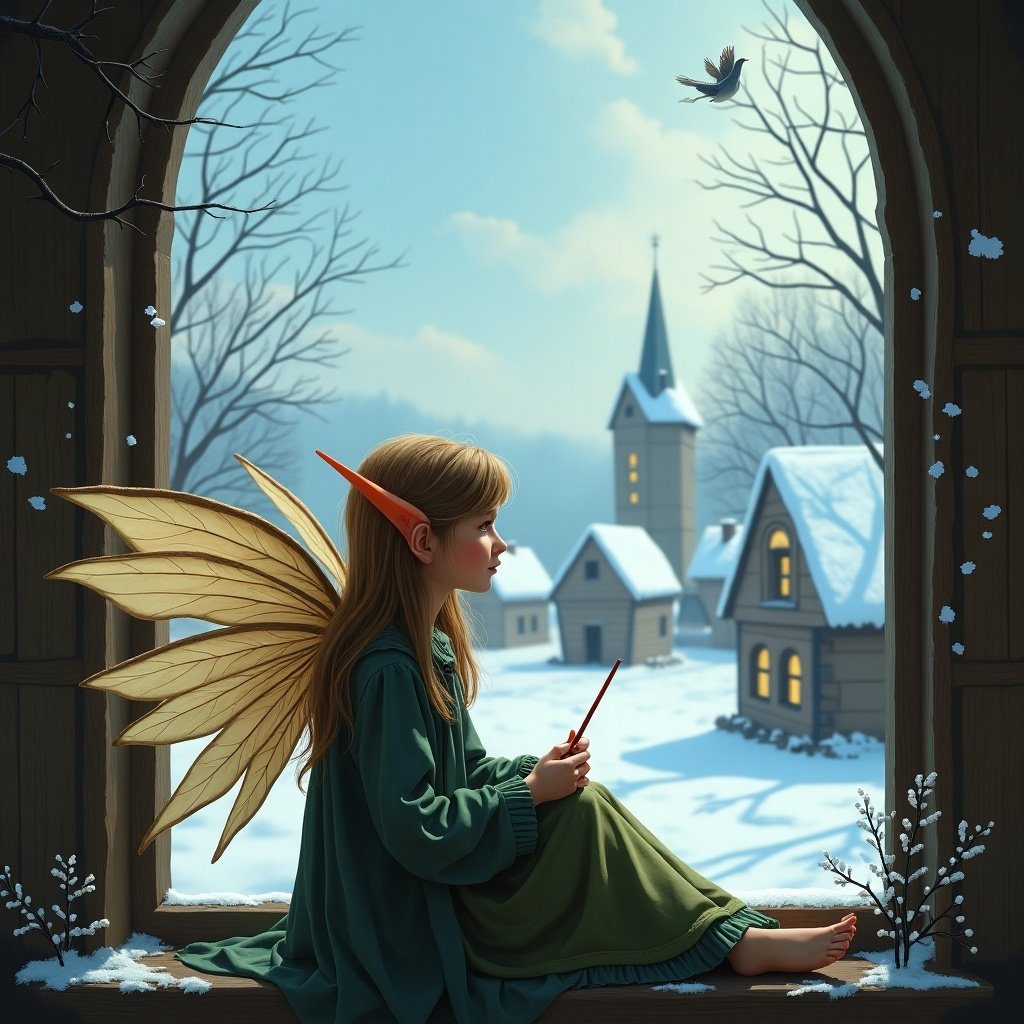 A young girl elf with delicate wings is sitting on a window ledge, gazing thoughtfully outside. She holds a wand, which she uses to write the word 'Grace' in the bright winter sky. Behind her, a picturesque snowy village can be seen, complete with charming houses and trees dusted with snow. The scene is serene and magical, enhanced by soft, glowing light filtering in through the window. The girl's expression is one of wonder and inspiration as she creates her magical writing in the air.