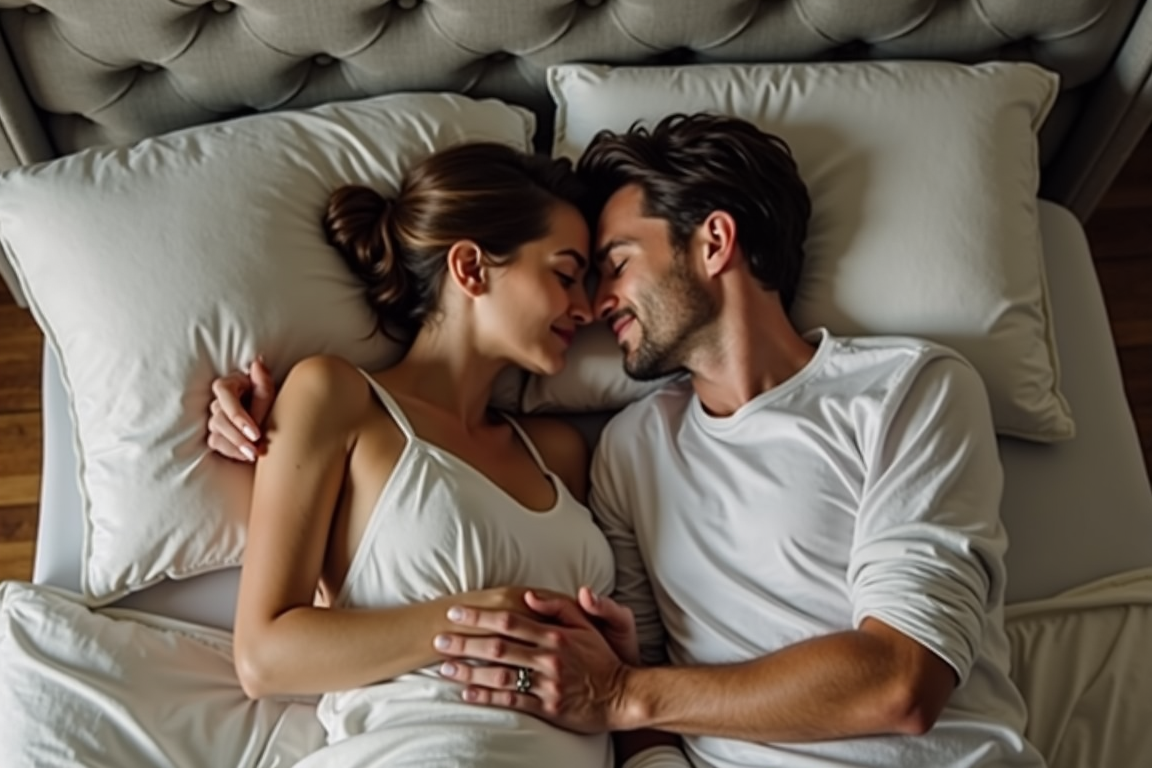 A couple peacefully sleeping in bed, embracing lovingly with their foreheads touching.