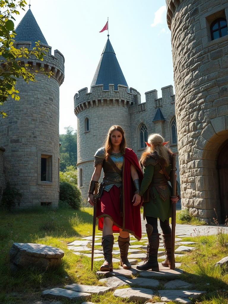 Two medieval warriors stand guard outside a stone castle.