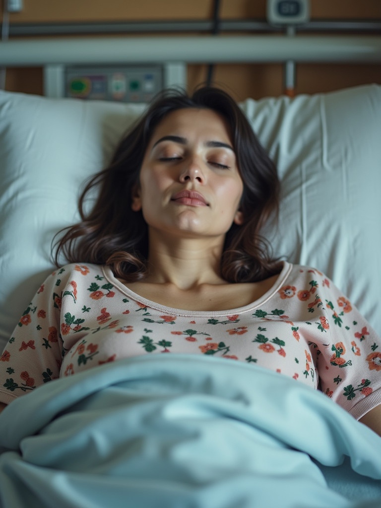 Scene shows a patient lying in a hospital bed. Patient wears a floral top. Blankets cover lower body. Hospital room backdrop visible. Calm ambiance creates serenity.