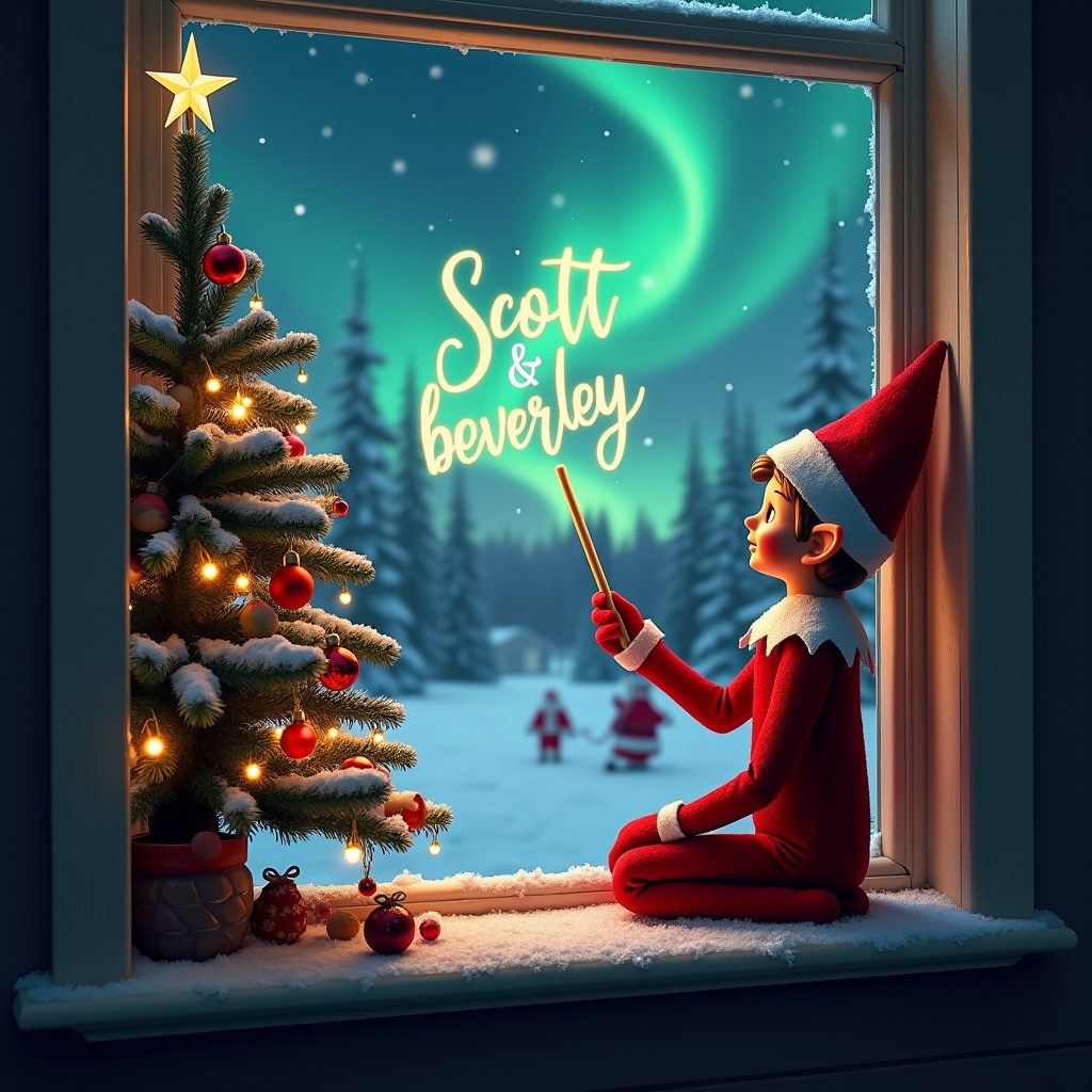 Image features a Christmas scene with an elf on a window ledge. The elf is in red and writing 'scott' and 'beverley' in the air with a wand. Outside, northern lights glow over a winter landscape. A decorated Christmas tree shines nearby. Santa Claus is in the distance. Snow rests on the window ledge creating a cozy atmosphere.