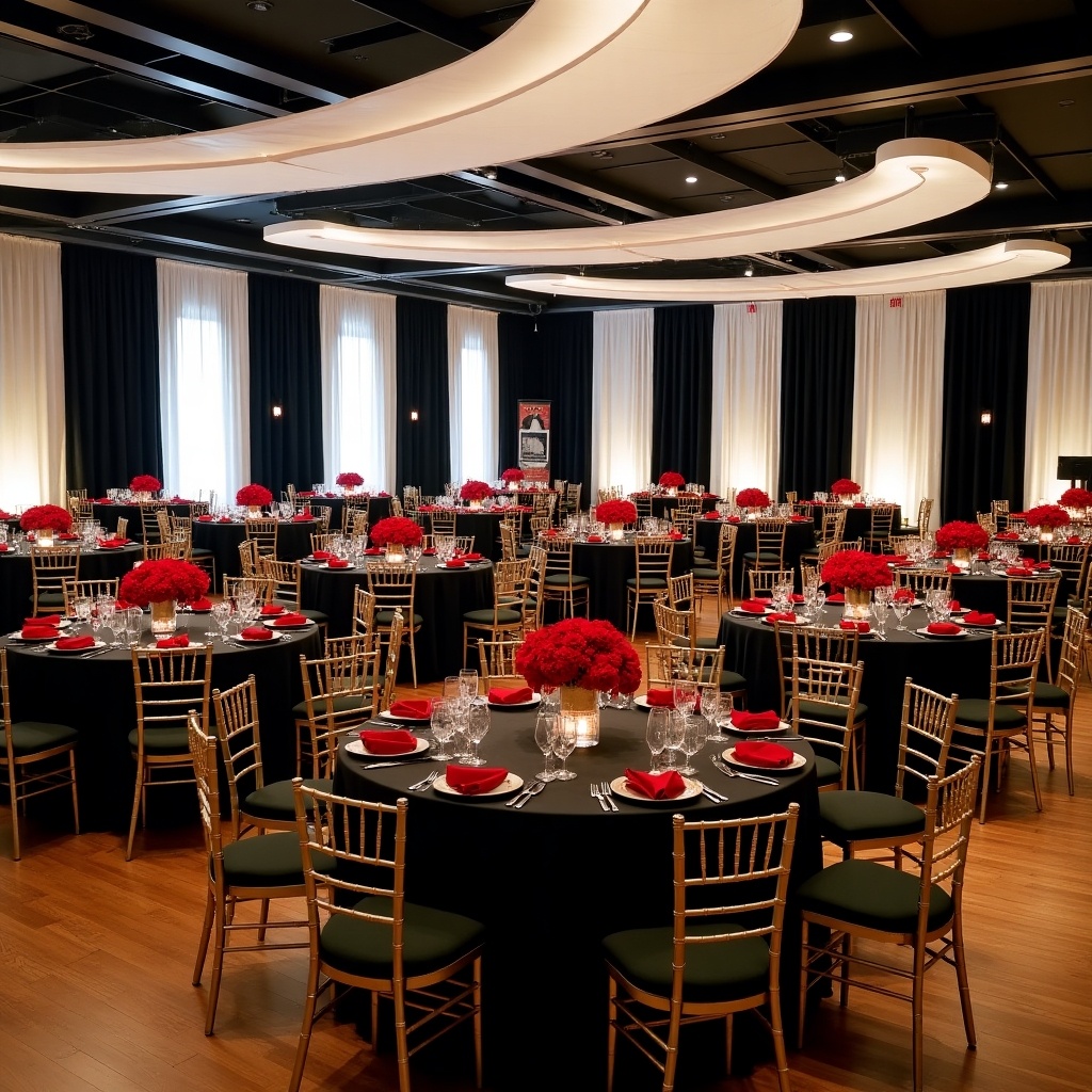 This image showcases a classy banquet room adorned in elegant black and white decor. The room is filled with 50 round tables, each surrounded by chic gold chiavari chairs. Black table linens are elegantly paired with red napkins, complemented by stunning red rose centerpieces. The walls feature large black curtains embellished with black and white photographs of African American graduates, adding a personal touch to the setting. Soft lighting accentuates the arrangement, providing an inviting atmosphere for various events.