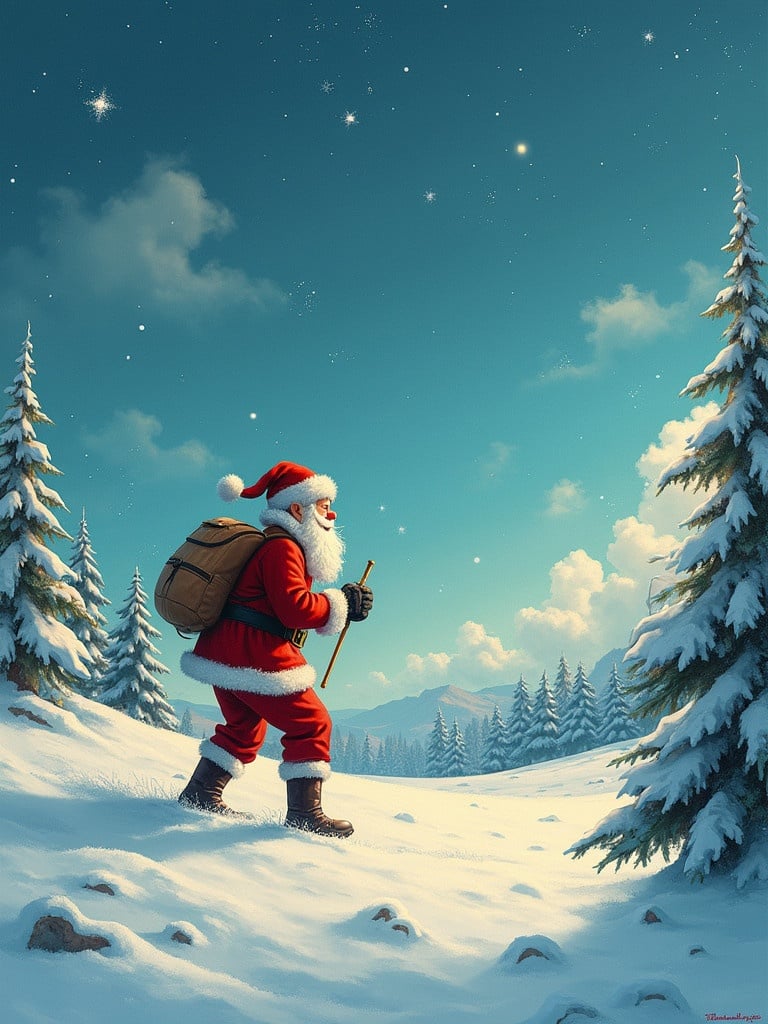 Santa Claus hiking through a snowy landscape. Dressed in traditional red suit with backpack. Snow-covered trees and mountains in the background. Clear blue sky with scattered clouds.