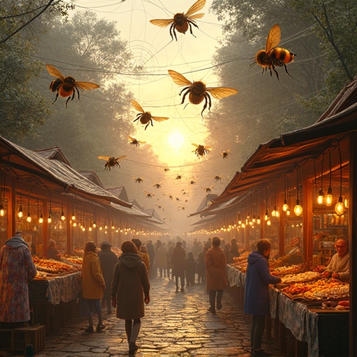 Illustration of a bee marketplace in mid-air. Bees fly between stalls. Stalls sell exotic flora and honey delicacies. Scene illuminated by setting sun.