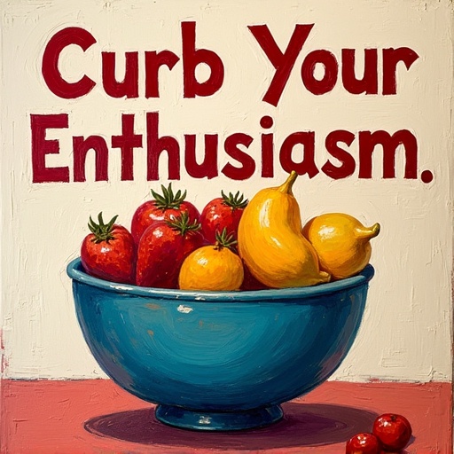 Acrylic painting of a bowl filled with vibrant fruit. The foreground has bold text saying 'Curb Your Enthusiasm'. Bright colors give an inviting feel. Visual style captures playful energy.