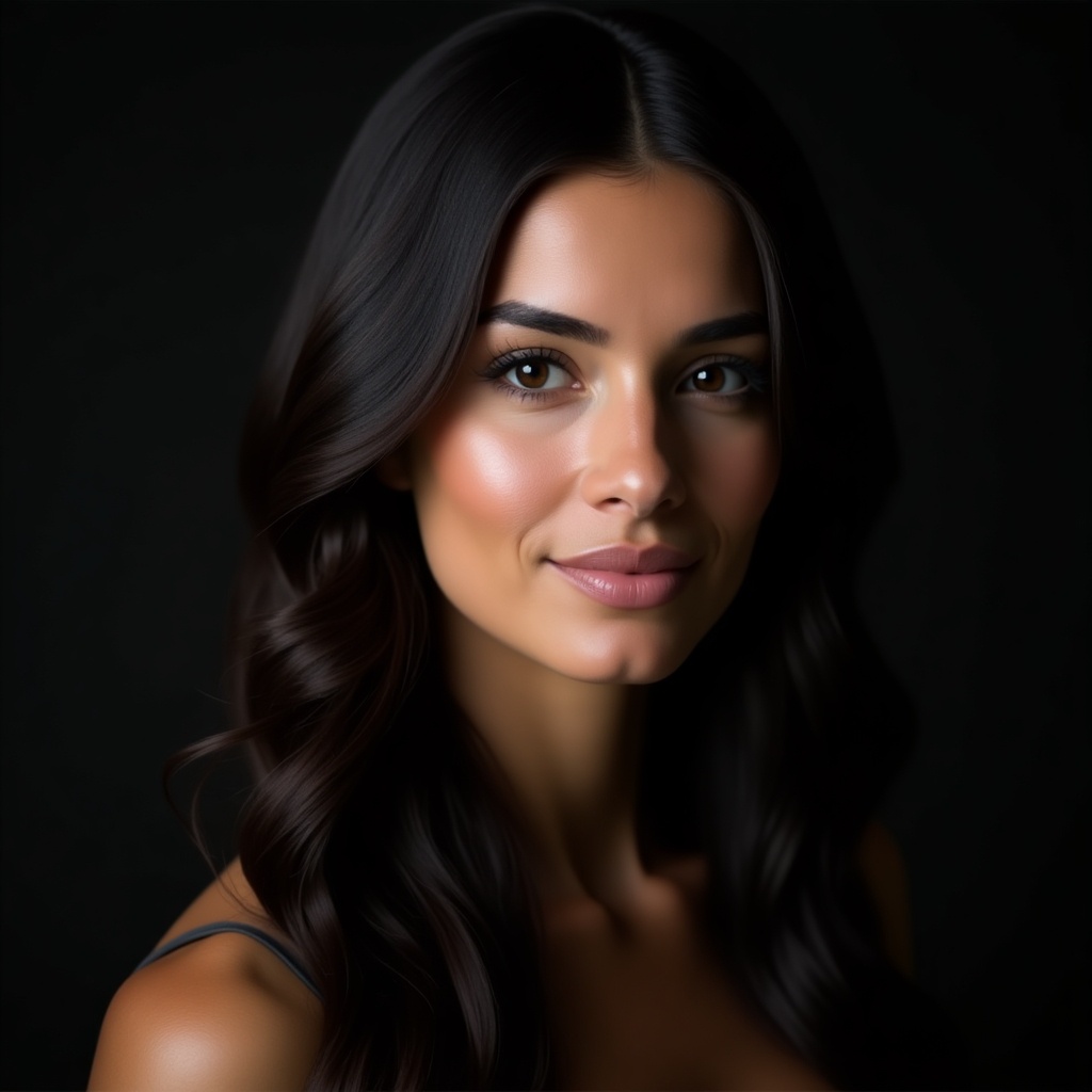 Beautifully lit portrait features a person with long dark hair and serene expression. Close-up of the face emphasizing skin and hair.