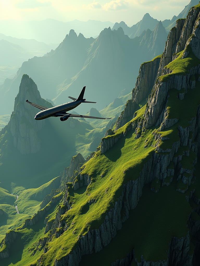 A plane glides gracefully over lush, green, sunlit mountains with dramatic peaks.