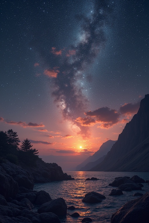 Engaging YouTube thumbnail featuring a stunning night sky with the Milky Way over a tranquil landscape. The scene shows a sunset reflecting on water with rocky shores.