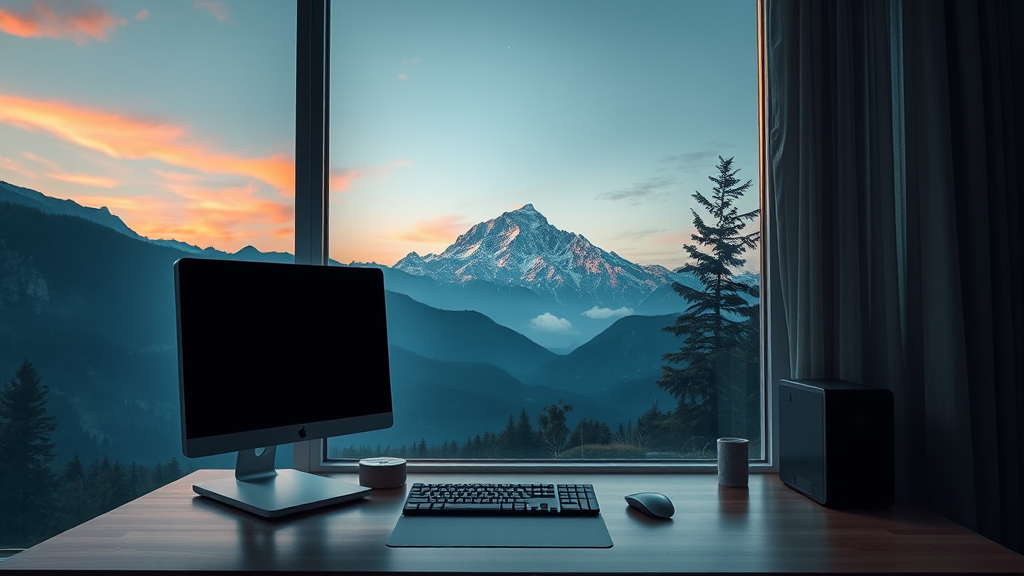 A computer desk overlooking a scenic mountain view through a large window at sunset.