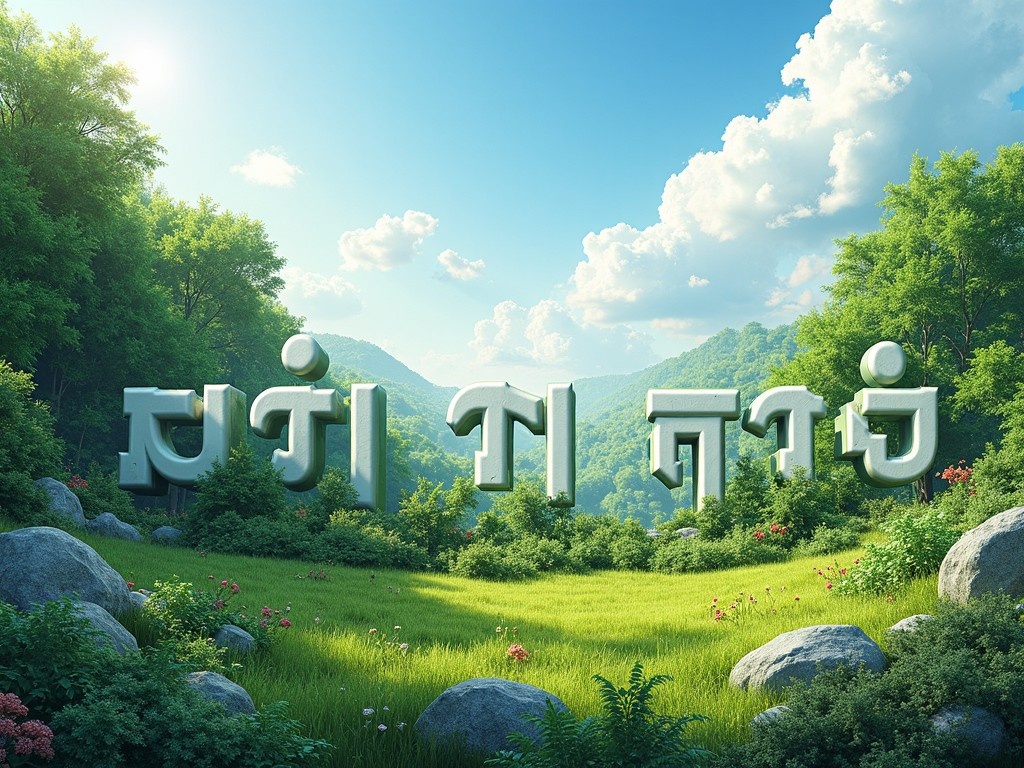 This image features a vibrant landscape filled with lush green trees and rolling hills under a bright blue sky dotted with fluffy white clouds. The foreground showcases a serene grassy area with colorful flowers adding charm to the scenery. Prominently displayed in the center is the Arabic text 'أهلا بكم في البيئه', inviting viewers to appreciate the beauty of nature. The combination of natural elements and welcoming words creates an inviting atmosphere. It embodies themes of environmental consciousness and appreciation of the outdoors.