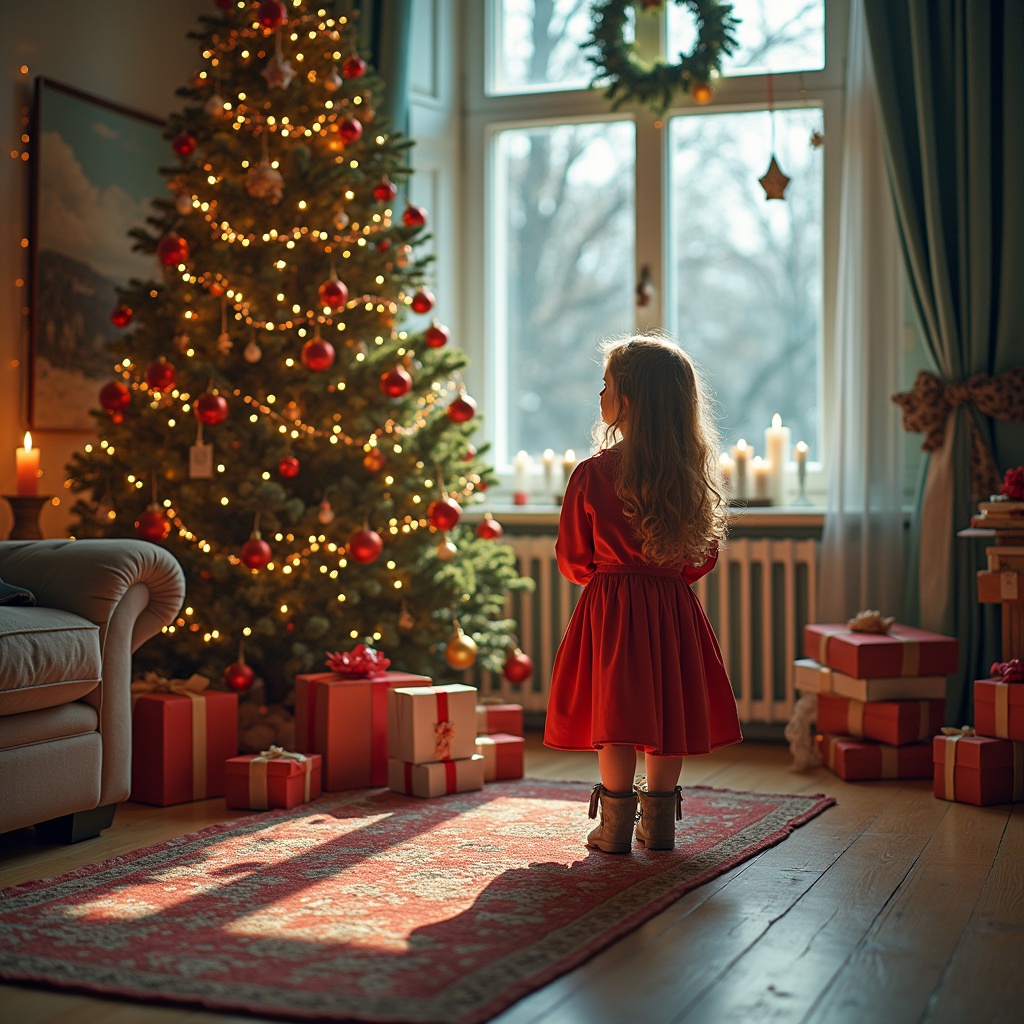 A cozy living room decorated for Christmas. The scene features a little girl in a red dress standing in front of a beautifully adorned Christmas tree. The tree is decorated with lights and ornaments, casting a warm glow. Surrounding the tree are neatly wrapped presents in colorful paper. Soft, natural light enters through a large window, creating a festive and inviting atmosphere.