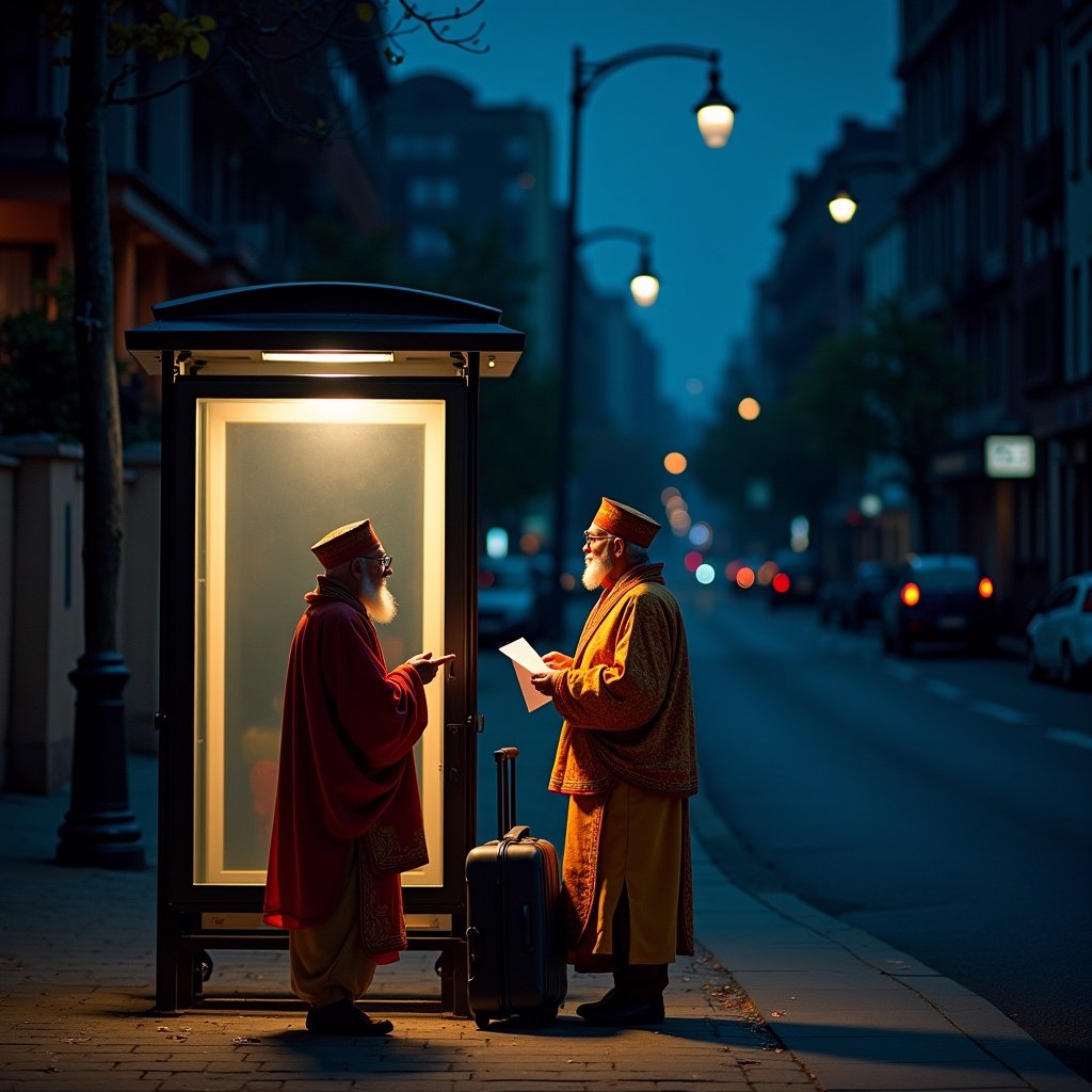 Two men in traditional attire stand at a bus shelter conversing at night. Each holds paper and looks engaged. Bright robes contrast against dark blue backdrop. Luggage nearby suggests they are travelers. Street lamp provides a warm atmosphere and glass reflection adds depth.