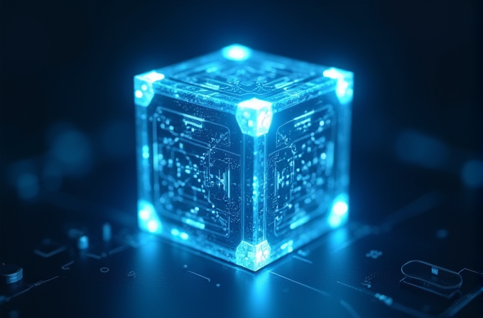 A glowing, transparent blue cube with intricate digital circuits and patterns inside, set against a dark background.