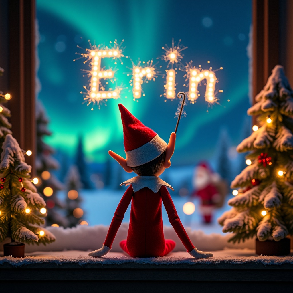 An elf sits on a shelf facing a colorful night sky. He uses a wand to create sparkling letters that spell 'Erin'. A Christmas scene includes snow-covered trees and northern lights. Santa Claus can be seen in the background. The setting feels magical and festive with twinkling lights.