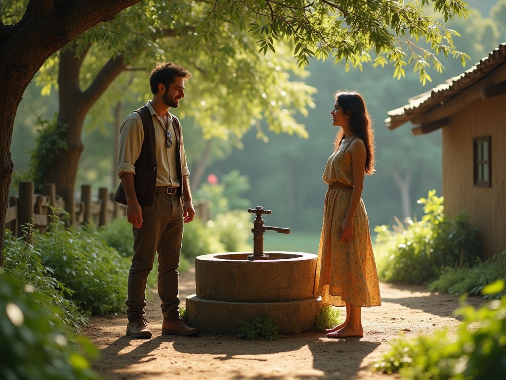 A man approaches a woman standing next to a well in a beautiful natural setting. The scene is set in a lush, green area with soft sunlight casting a warm glow. The man is wearing a vintage outfit, while the woman is in a flowing dress, both looking at each other with interest. They are surrounded by trees and a rustic house in the background. The atmosphere is peaceful and romantic, depicting a moment of connection between the characters.