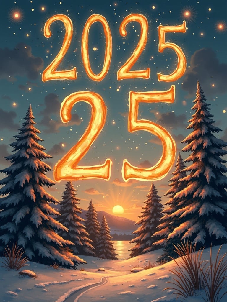 The image shows a winter landscape with snowy trees. The sun is setting on the horizon creating a warm glow. The numbers '2025' and '25' are formed from flames that illuminate the scene. This is a celebration of the arrival of the New Year 2025 with wishes from a family.