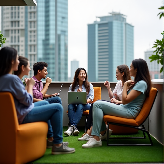 A group of young people having a lively discussion on a modern rooftop terrace with city skyscrapers in the background.