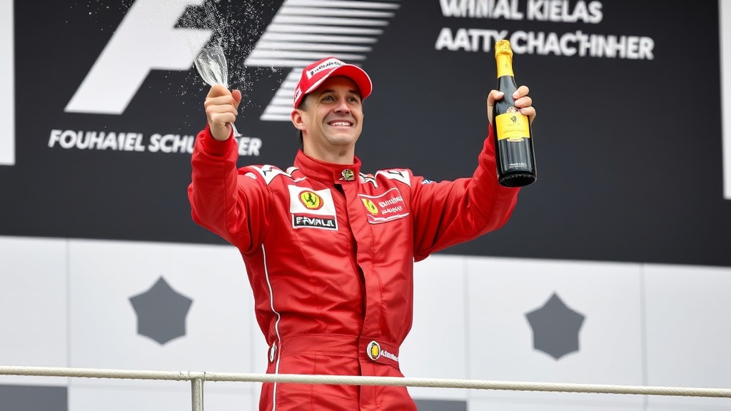 A person in a red racing suit stands triumphantly on a podium, holding a champagne bottle and a glass, celebrating a victory. The backdrop features automotive branding, suggesting a racing event. The person's expression conveys joy and triumph, capturing the excitement of a successful race.